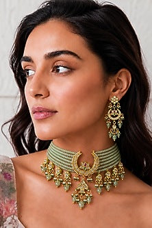 Gold Finish Kundan Polki & Mint Stone Necklace Set