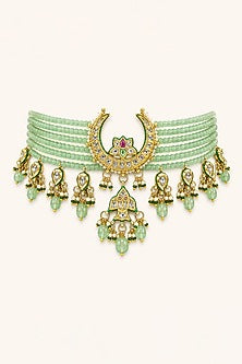 Gold Finish Kundan Polki & Mint Stone Necklace Set