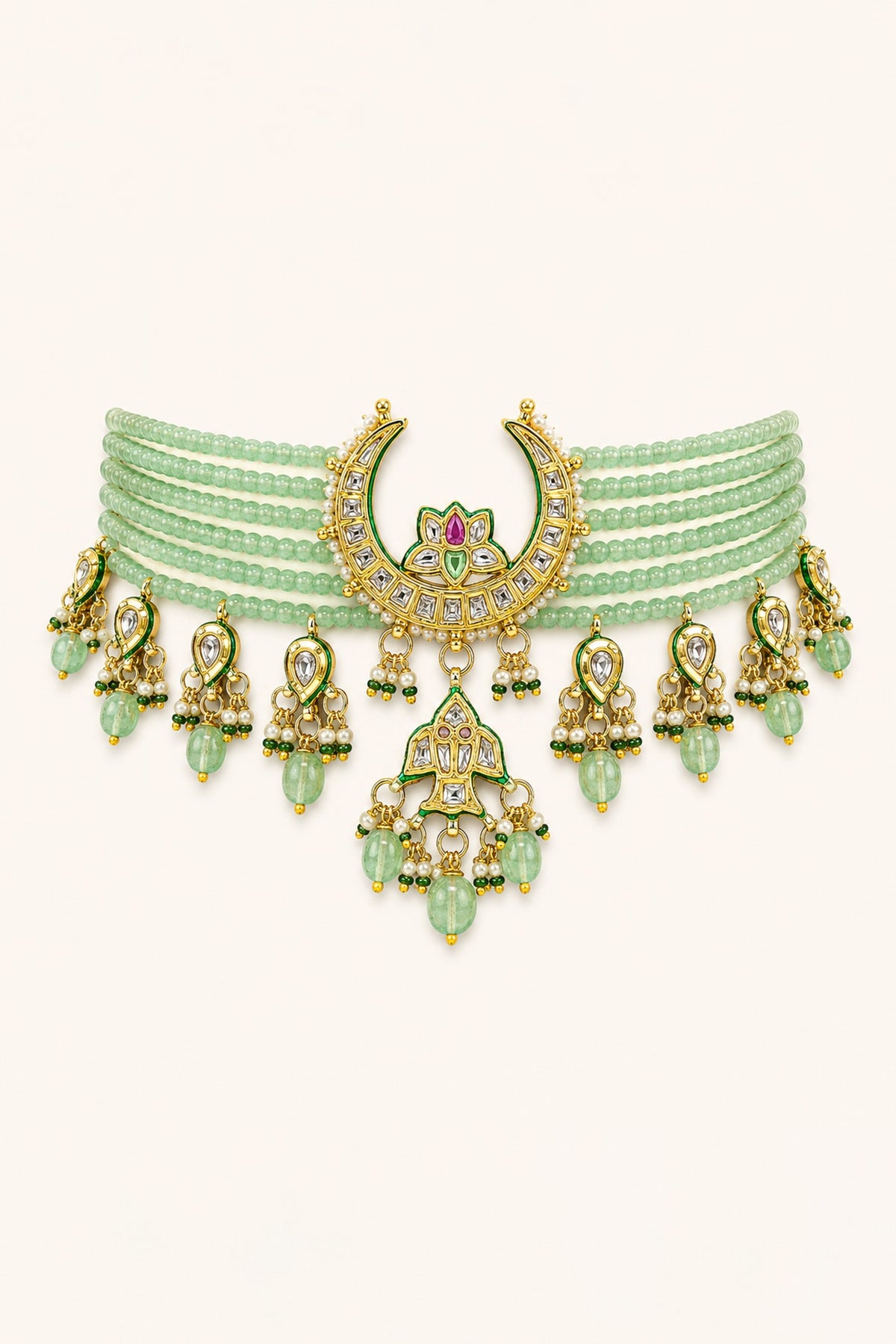 Gold Finish Kundan Polki & Mint Stone Necklace Set