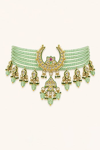 Gold Finish Kundan Polki & Mint Stone Necklace Set