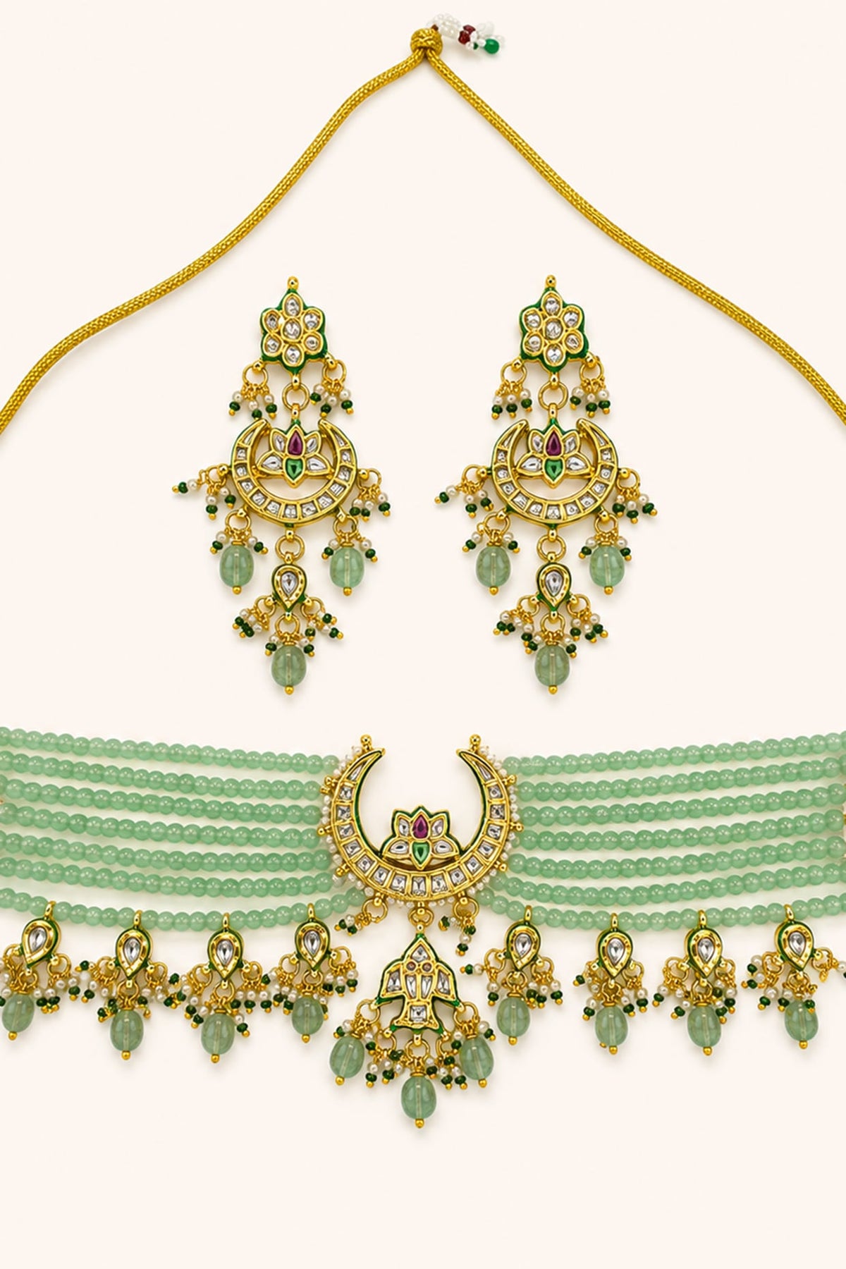 Gold Finish Kundan Polki & Mint Stone Necklace Set