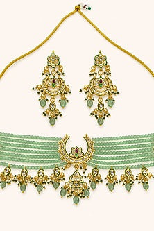 Gold Finish Kundan Polki & Mint Stone Necklace Set