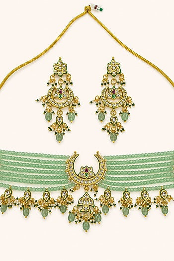 Gold Finish Kundan Polki & Mint Stone Necklace Set