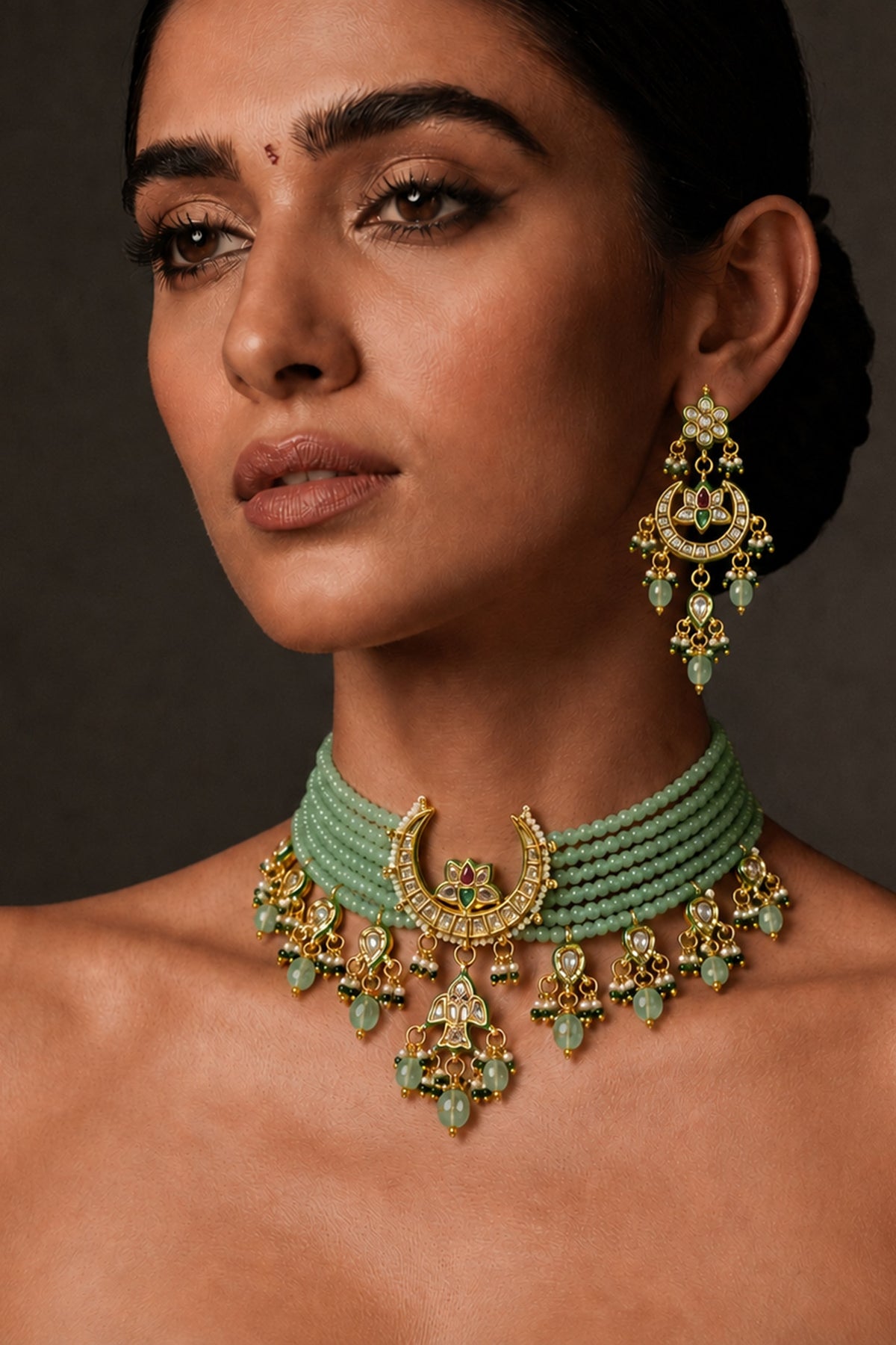 Gold Finish Kundan Polki & Mint Stone Necklace Set