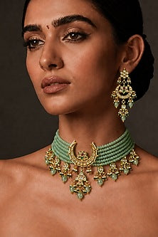 Gold Finish Kundan Polki & Mint Stone Necklace Set