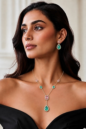 White Finish Kundan Polki & Mint Green Stone Necklace Set