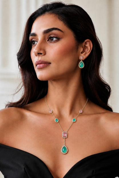 White Finish Kundan Polki & Mint Green Stone Necklace Set