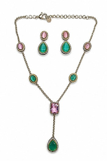 White Finish Kundan Polki & Mint Green Stone Necklace Set
