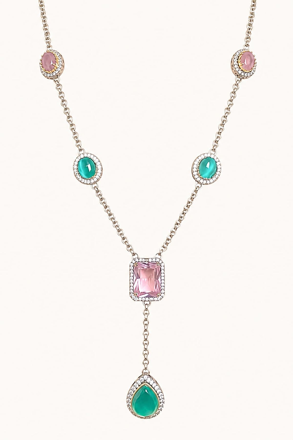 White Finish Kundan Polki & Mint Green Stone Necklace Set