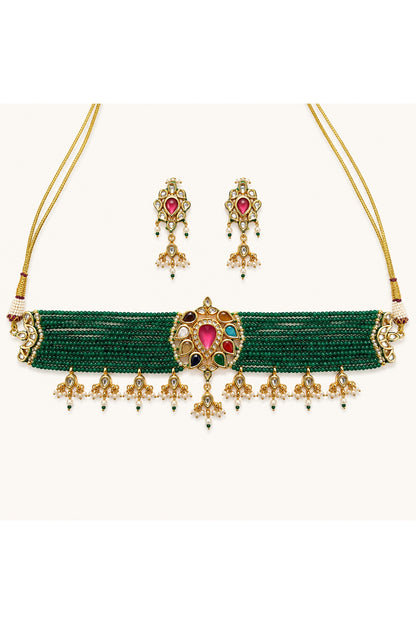 Gold Finish Kundan Polki & Multi-Colored Necklace Set