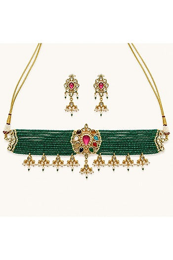 Gold Finish Kundan Polki & Multi-Colored Necklace Set