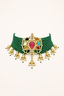 Gold Finish Kundan Polki & Multi-Colored Necklace Set