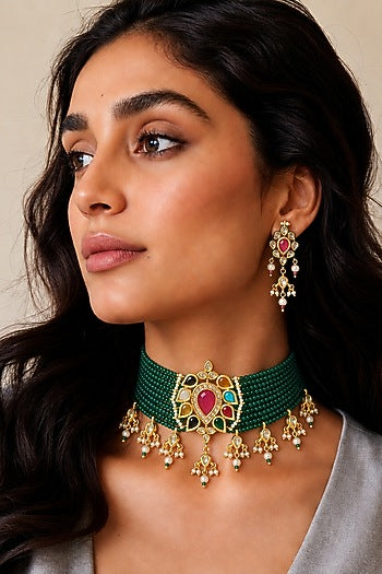 Gold Finish Kundan Polki & Multi-Colored Necklace Set