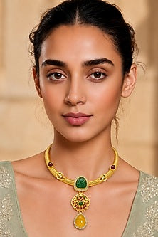 Gold Finish Kundan Polki & Multi-Colored Stone Necklace