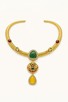 Gold Finish Kundan Polki & Multi-Colored Stone Necklace