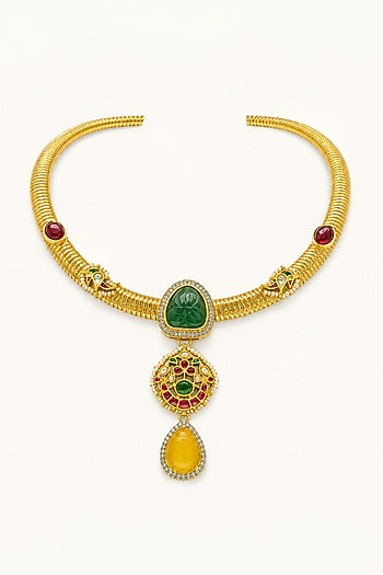 Gold Finish Kundan Polki & Multi-Colored Stone Necklace