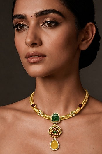 Gold Finish Kundan Polki & Multi-Colored Stone Necklace