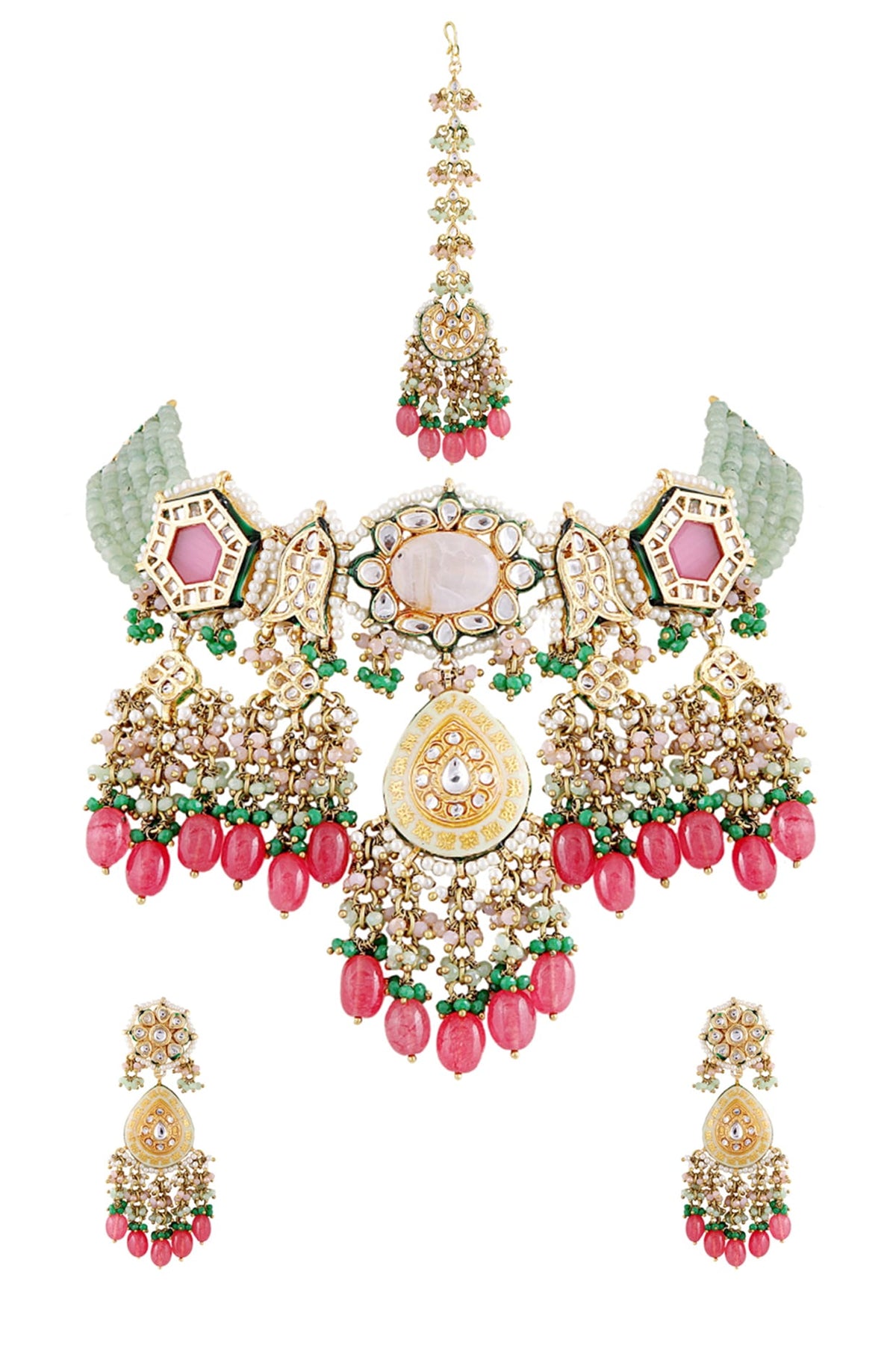Gold Finish Necklace Set With Kundan & Semi Precious Stones