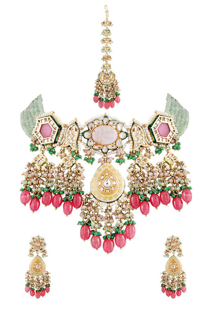 Gold Finish Necklace Set With Kundan & Semi Precious Stones