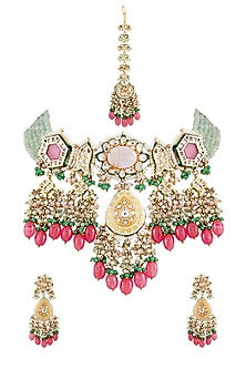 Gold Finish Necklace Set With Kundan & Semi Precious Stones