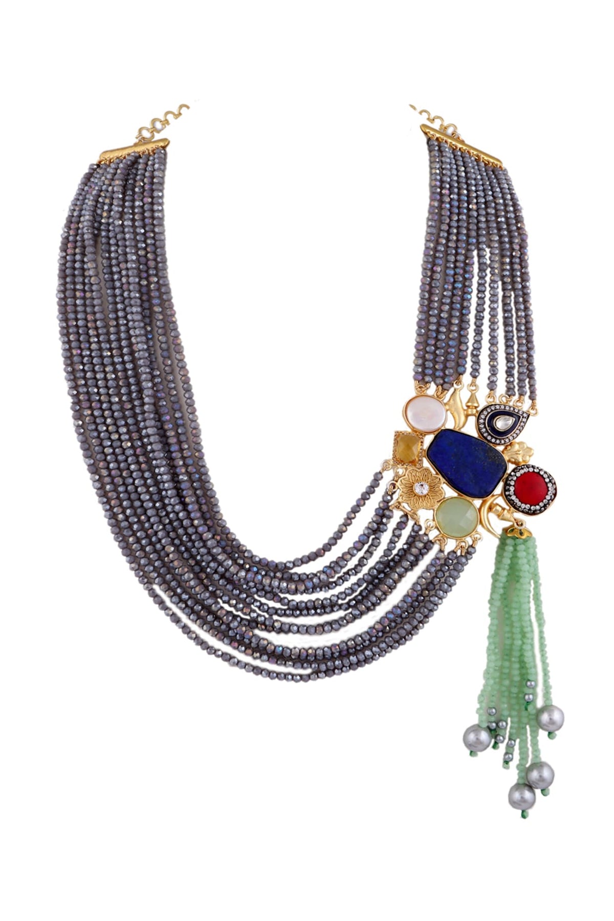Gold Finish Semi-Precious Stone & Crystal Beaded Necklace