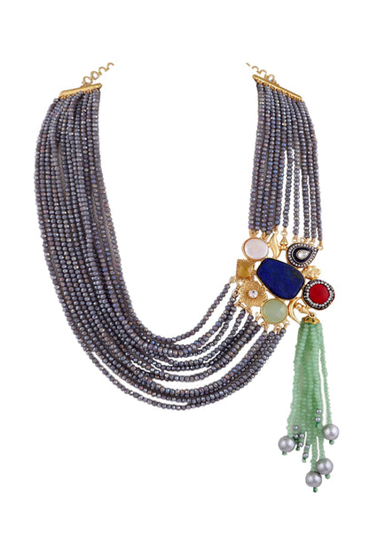 Gold Finish Semi-Precious Stone & Crystal Beaded Necklace