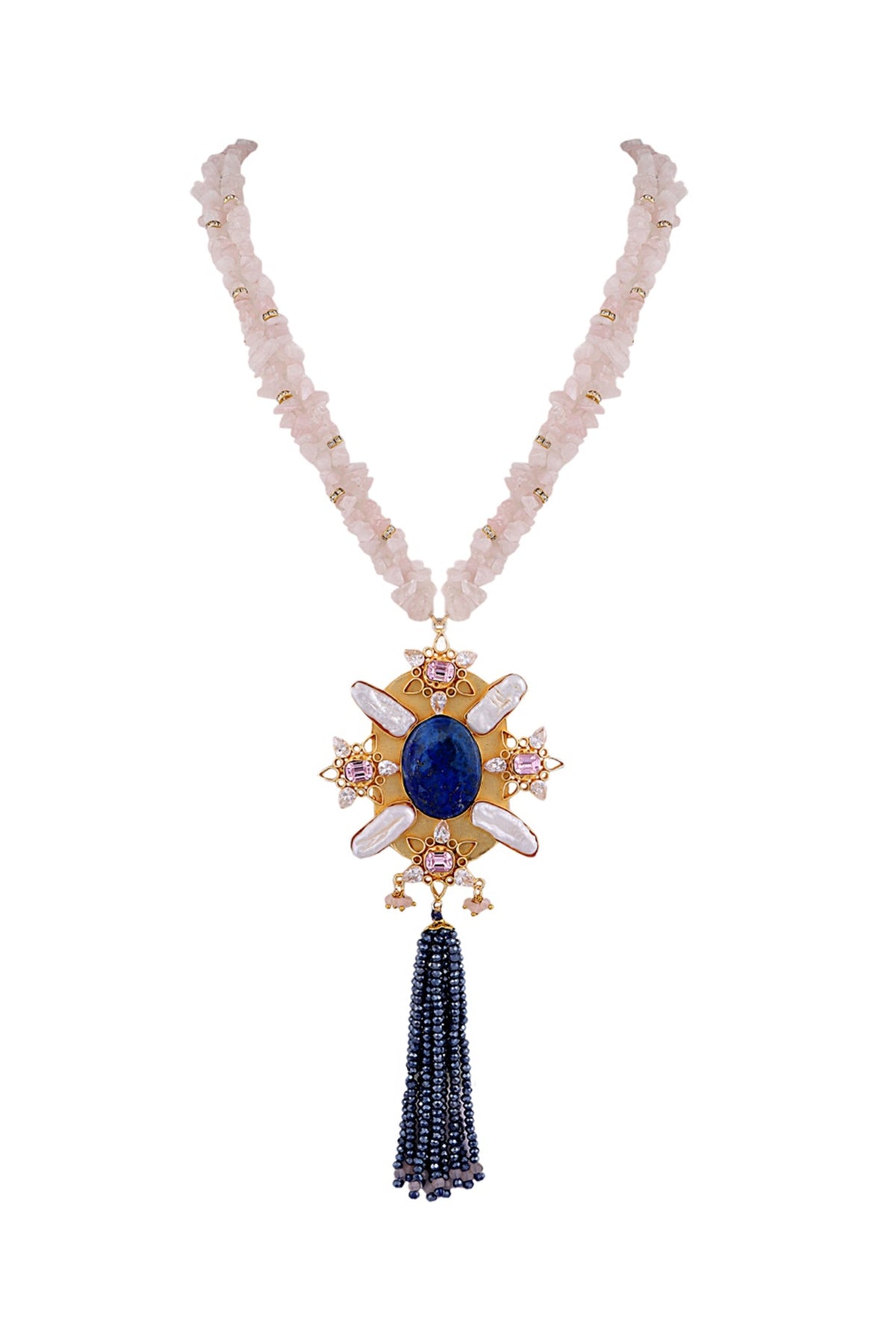 Gold Finish Semi-Precious Stone & Crystal Beaded Necklace