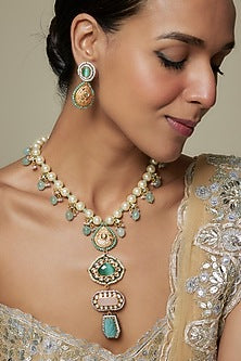 Gold Finish Green Kundan Polki & Semi-Precious Stone Necklace Set