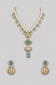 Gold Finish Green Kundan Polki & Semi-Precious Stone Necklace Set