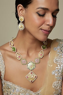 Gold Finish Pink Kundan Polki & Semi-Precious Stone Necklace Set
