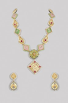 Gold Finish Pink Kundan Polki & Semi-Precious Stone Necklace Set