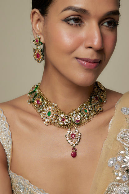 Two Tone Finish Multi-Colored Kundan Polki & Semi-Precious Stone Necklace Set