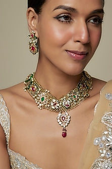 Two Tone Finish Multi-Colored Kundan Polki & Semi-Precious Stone Necklace Set