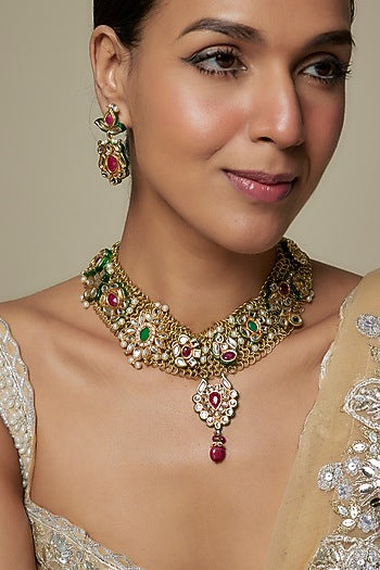Two Tone Finish Multi-Colored Kundan Polki & Semi-Precious Stone Necklace Set