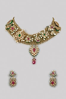 Two Tone Finish Multi-Colored Kundan Polki & Semi-Precious Stone Necklace Set