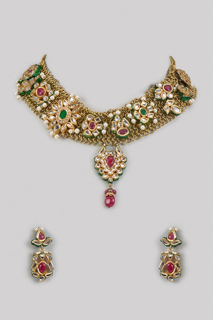 Two Tone Finish Multi-Colored Kundan Polki & Semi-Precious Stone Necklace Set