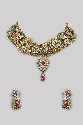 Two Tone Finish Multi-Colored Kundan Polki & Semi-Precious Stone Necklace Set