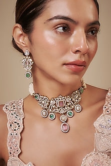 Two Tone Finish Pink Kundan Polki & Semi-Precious Stone Necklace Set