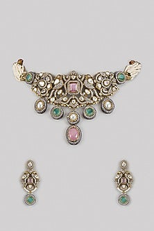 Two Tone Finish Pink Kundan Polki & Semi-Precious Stone Necklace Set