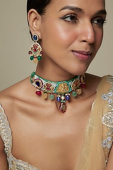 Two Tone Finish Multi-Colored Kundan Polki & Semi-Precious Stone Necklace Set
