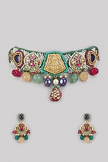 Two Tone Finish Multi-Colored Kundan Polki & Semi-Precious Stone Necklace Set