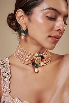 Two Tone Finish Multi-Colored Semi-Precious Stone Choker Necklace Set