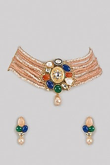Two Tone Finish Multi-Colored Semi-Precious Stone Choker Necklace Set