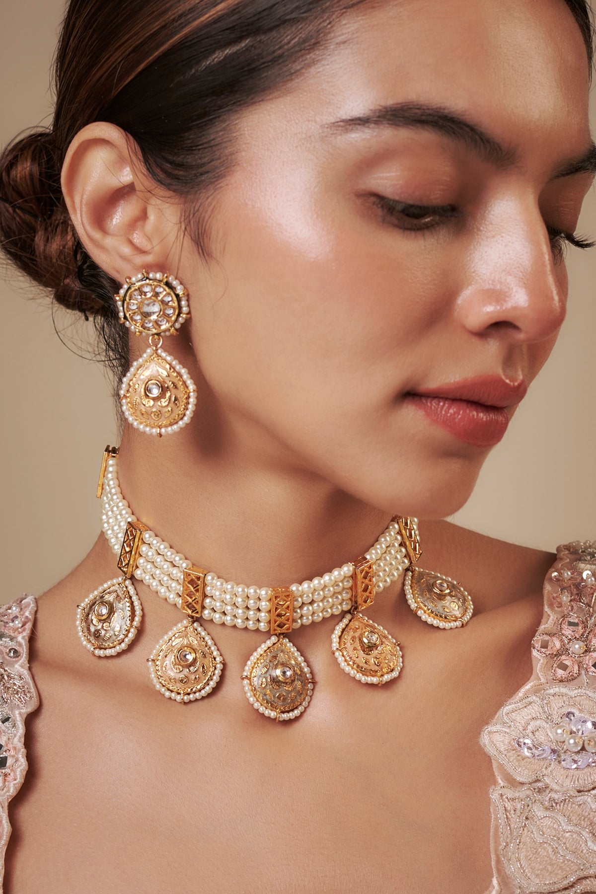 Gold Finish Imitation Kundan Polki & Pearl Choker Necklace Set