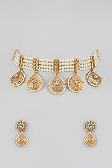 Gold Finish Imitation Kundan Polki & Pearl Choker Necklace Set