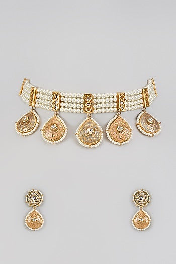 Gold Finish Imitation Kundan Polki & Pearl Choker Necklace Set