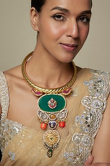 Gold Finish Green Kundan Polki & Semi-Precious Stone Necklace
