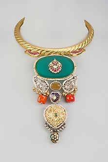 Gold Finish Green Kundan Polki & Semi-Precious Stone Necklace