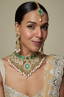 Gold Finish Green Kundan Polki & Semi-Precious Stone Necklace Set