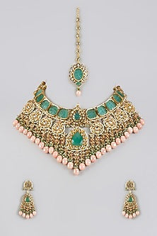Gold Finish Green Kundan Polki & Semi-Precious Stone Necklace Set